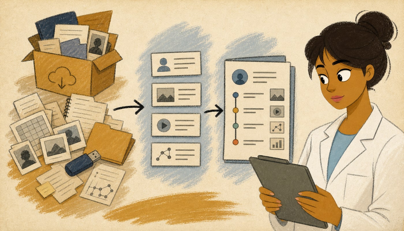 Illustration of the Data Scientist advisor turning exported files into organized cards and a readable report.