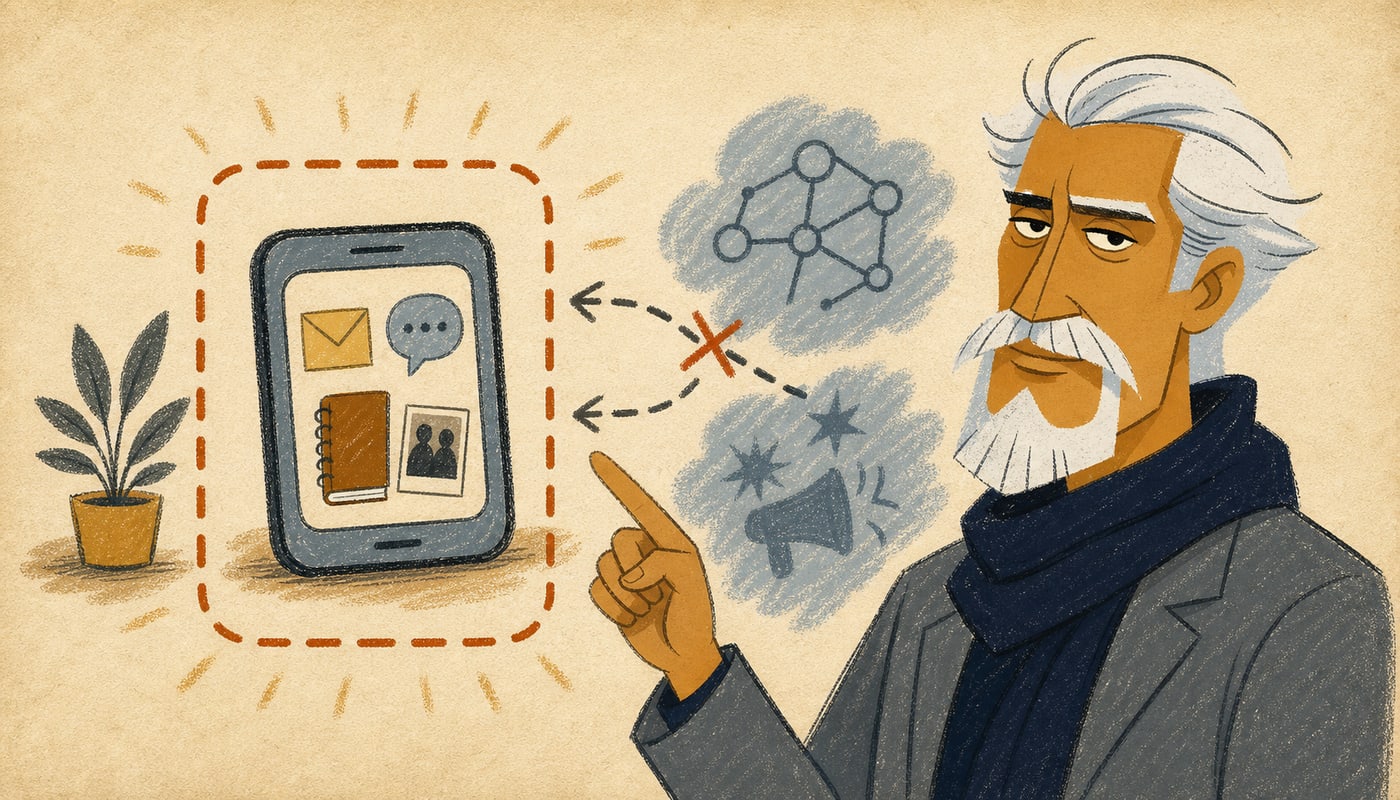 Illustration of Sensei pointing to a clear local privacy boundary around a device.