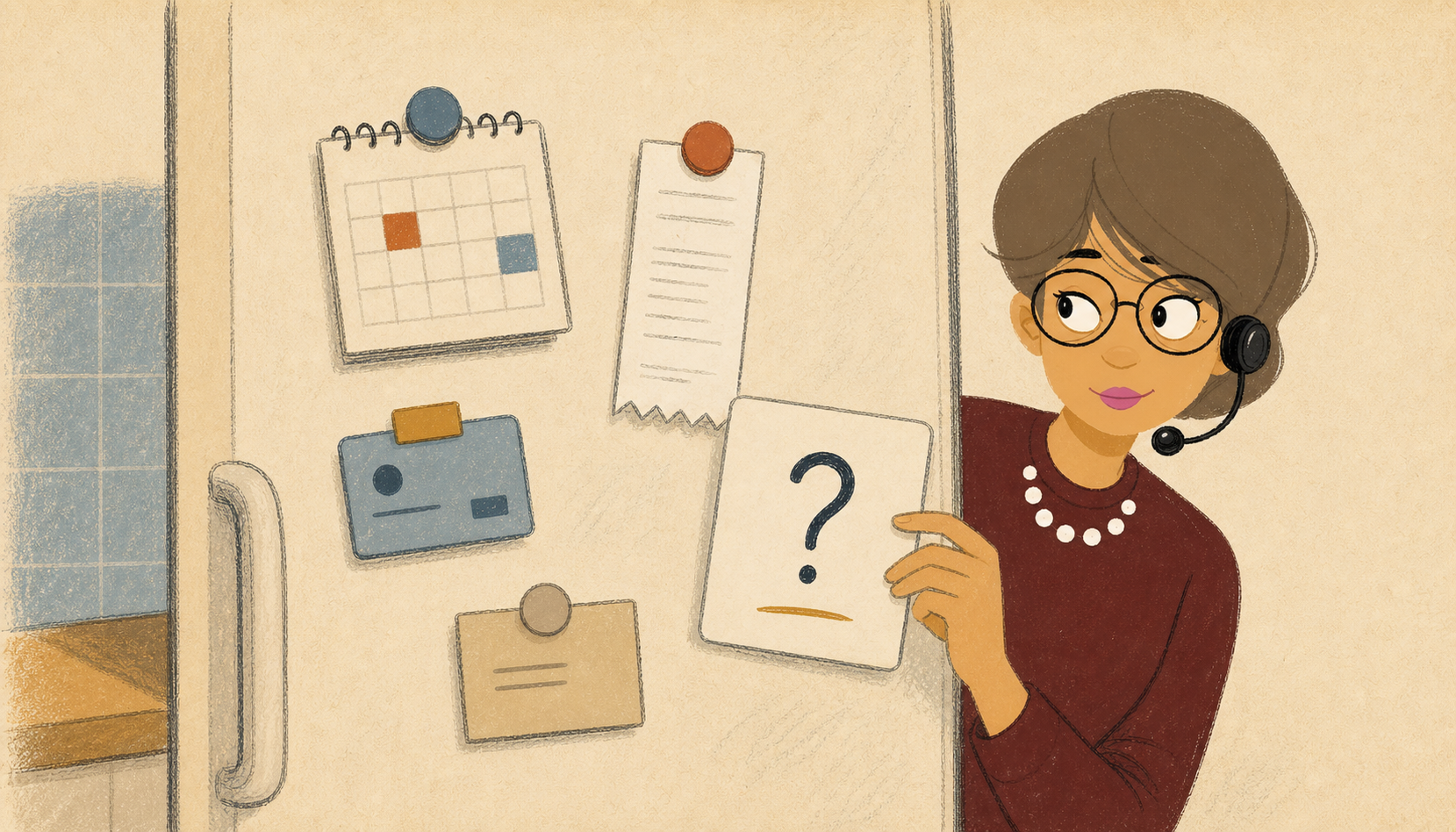 Illustration of the Personal Assistant beside a fridge door with pinned everyday fragments and a large question card.