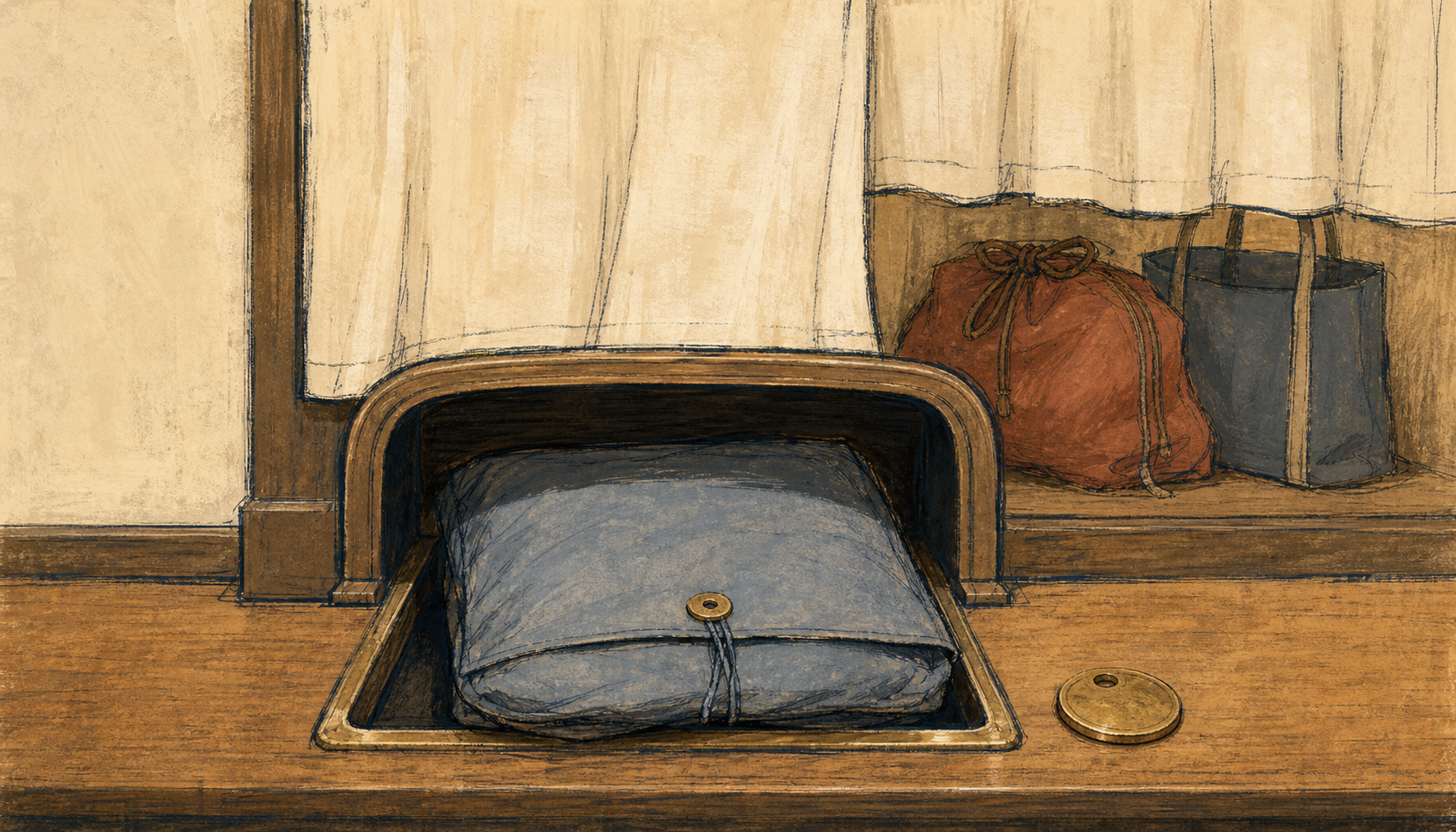 Illustration of a sealed soft parcel paused in a coat-check counter hatch with a brass claim token nearby and other personal items behind a privacy curtain.