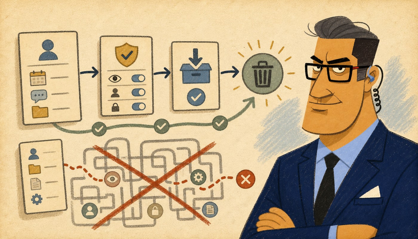 Illustration of the Head of Security advisor inspecting a clear privacy control path beside a confusing maze.