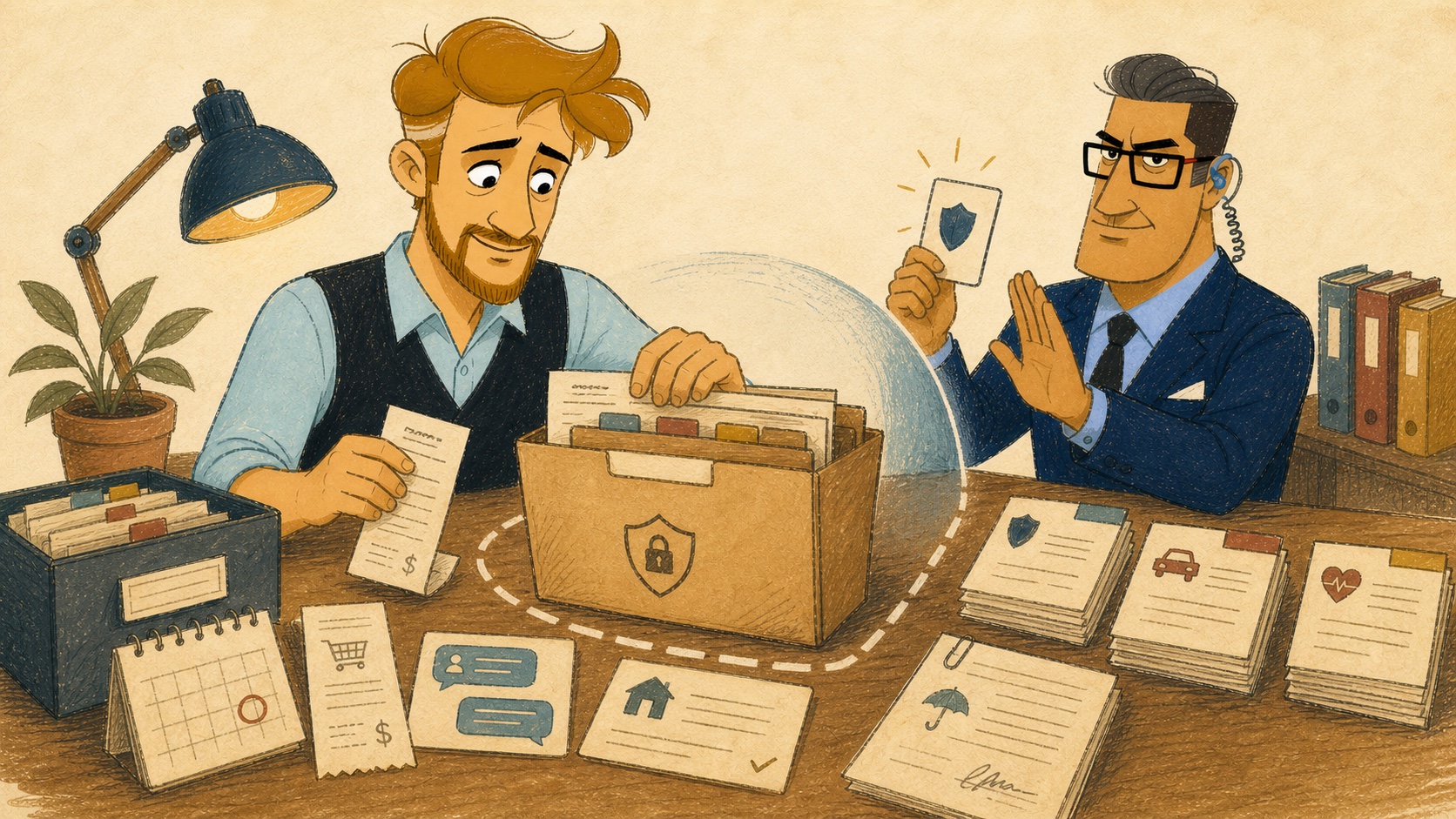 Illustration of the Biographer advisor organizing personal records into an evidence folder while the Head of Security marks a privacy boundary.